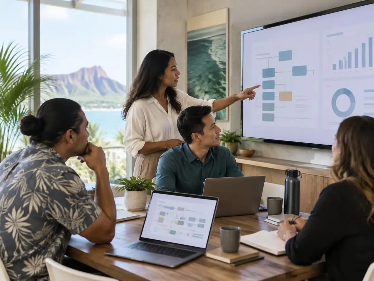 A small-business team reviewing connected operations and reporting systems